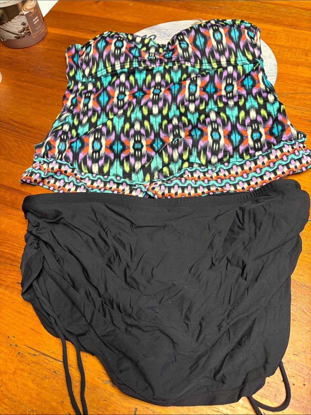 Black Swim Skirt with Multicolor Strapless Patterned Top